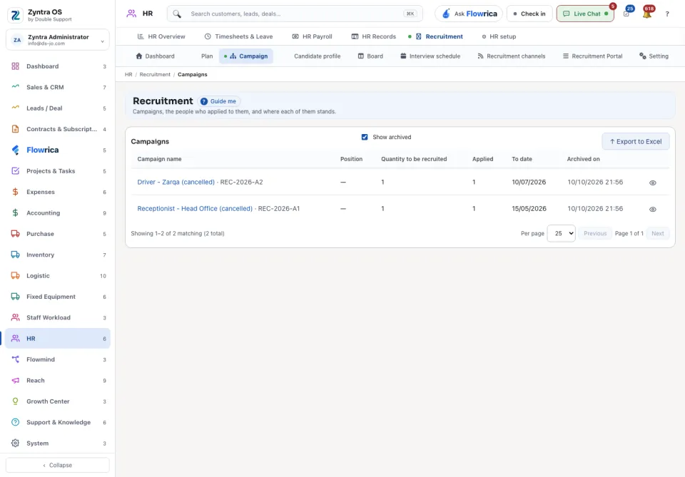 Campaigns with the archived rows shown