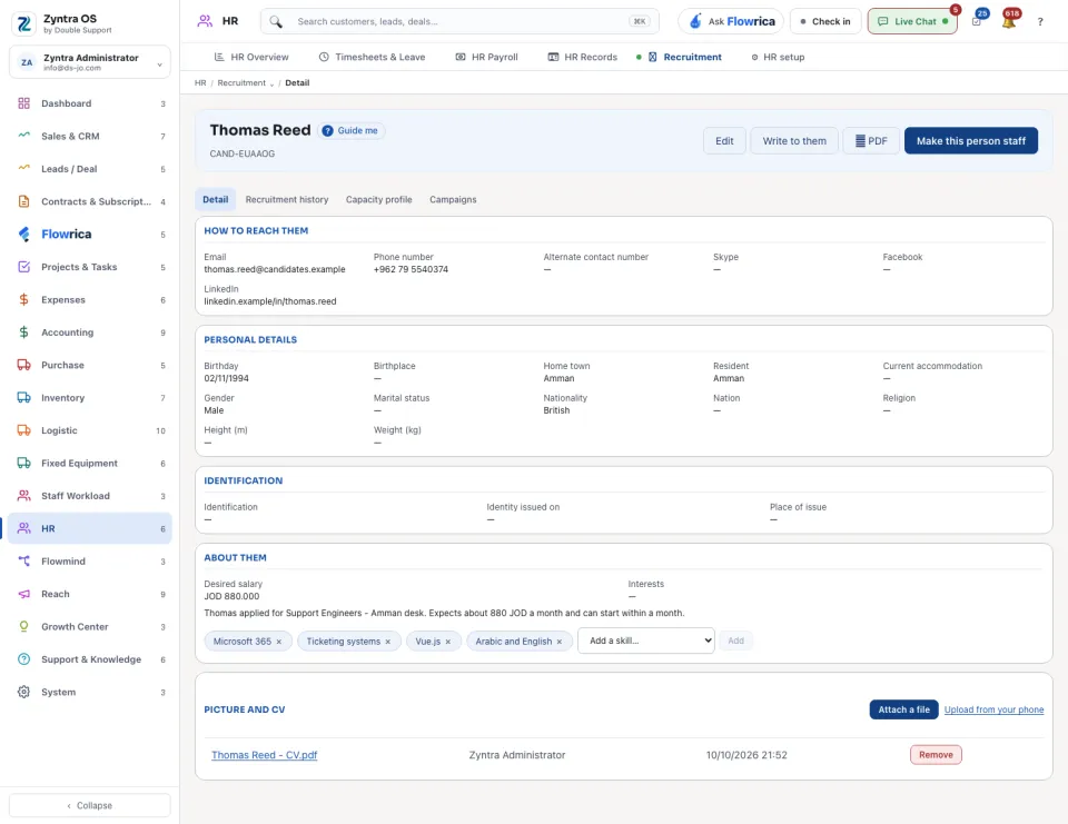 A candidate: the Detail tab