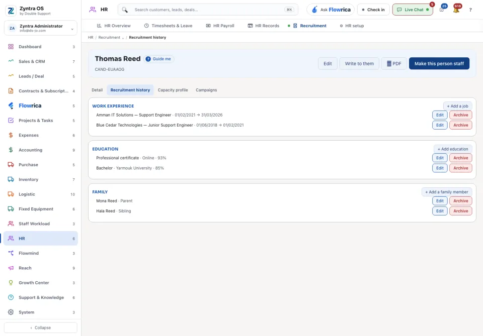 A candidate: Recruitment history