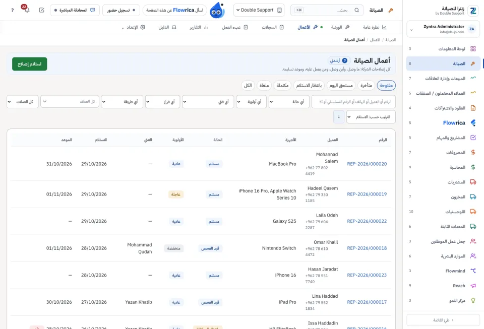 أعمال الصيانة بحالتها وفنيّها وموعدها