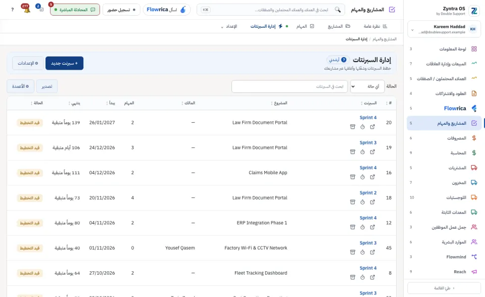 إدارة السبرنتات: كل سبرنت مع مشروعه ومالكه وتواريخه وحالته