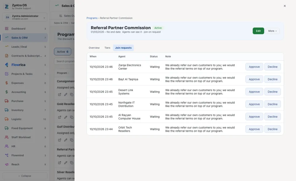 Programs for sales agents: Join requests