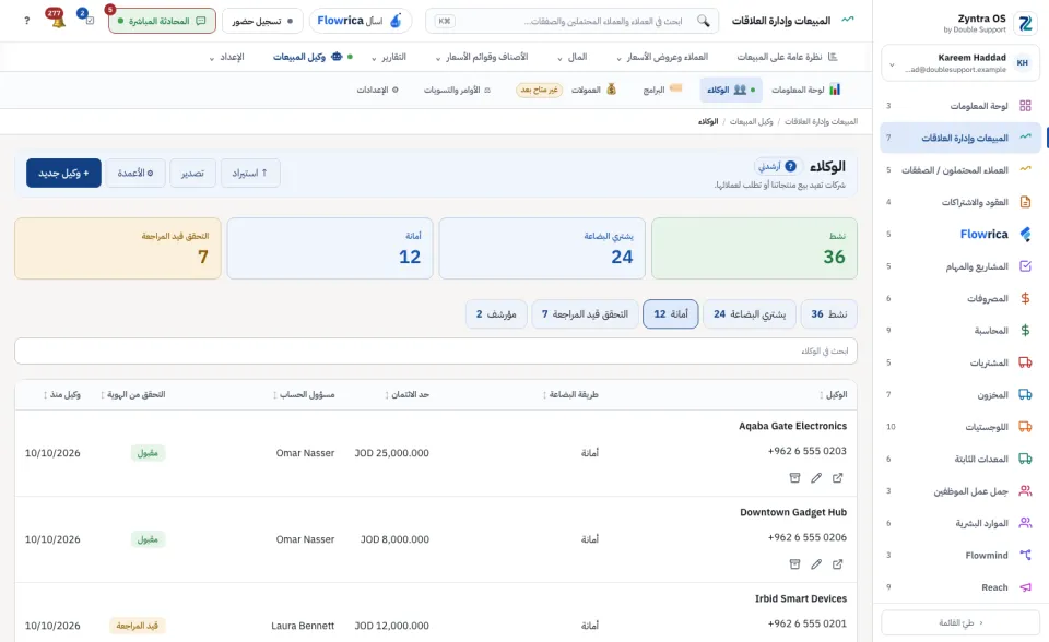 قائمة الوكلاء وقد اختير عرض واحد