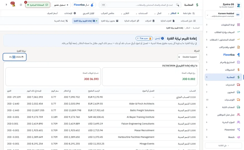 إعادة تقييم نهاية الفترة: الربح والخسارة وكل رصيد مفتوح