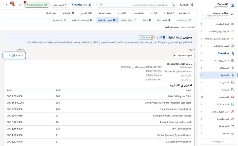 مخزون نهاية الفترة: ما سيرحّله الإقفال والمخزون في ذلك اليوم