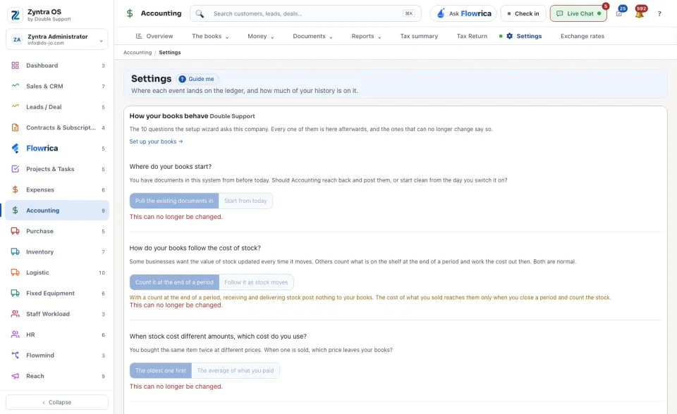 Accounting settings: the top of the page, How your books behave