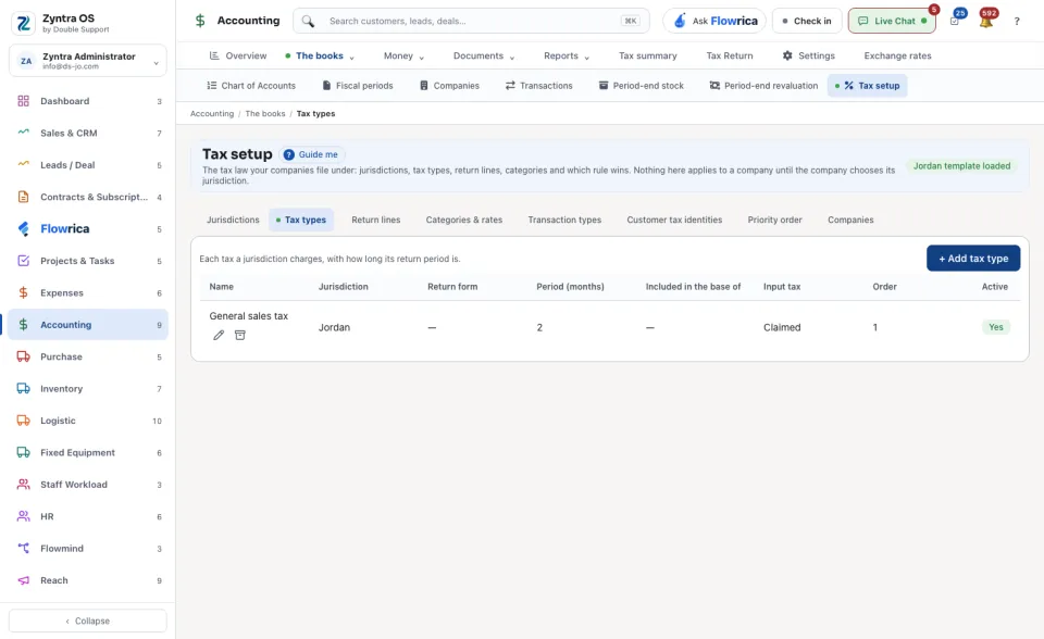 Tax setup, Tax types