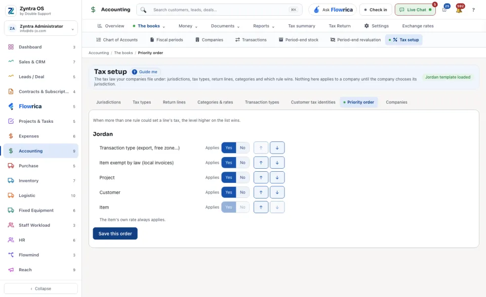 Tax setup, Priority order