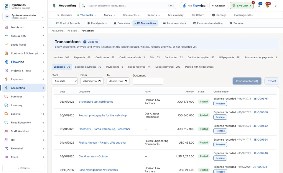 Transactions, the Expenses tab