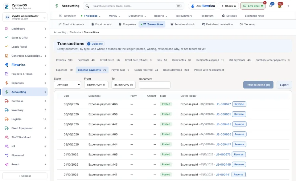 Transactions, the Expense payments tab