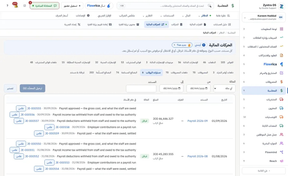 الحركات المالية، تبويب مسيّرات الرواتب