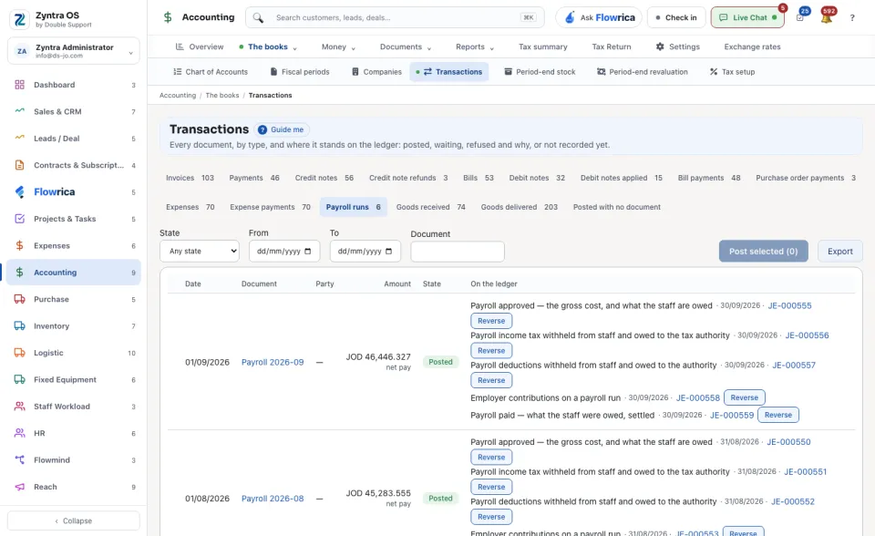 Transactions, the Payroll runs tab