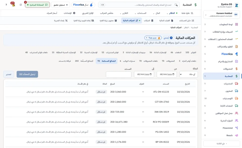 الحركات المالية، تبويب البضائع المستلمة