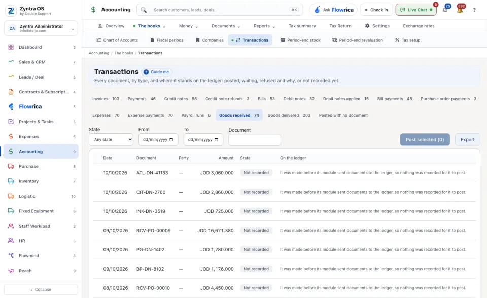 Transactions, the Goods received tab