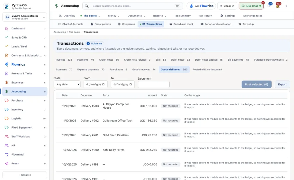 Transactions, the Goods delivered tab