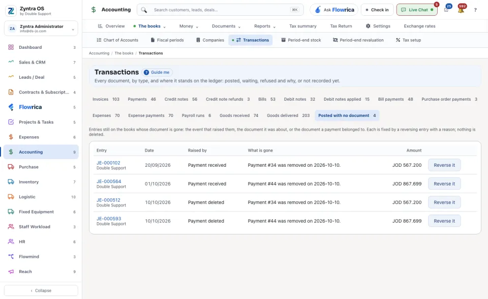 Transactions, the Posted with no document tab