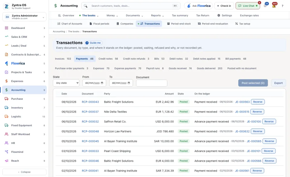 Transactions, the Payments tab