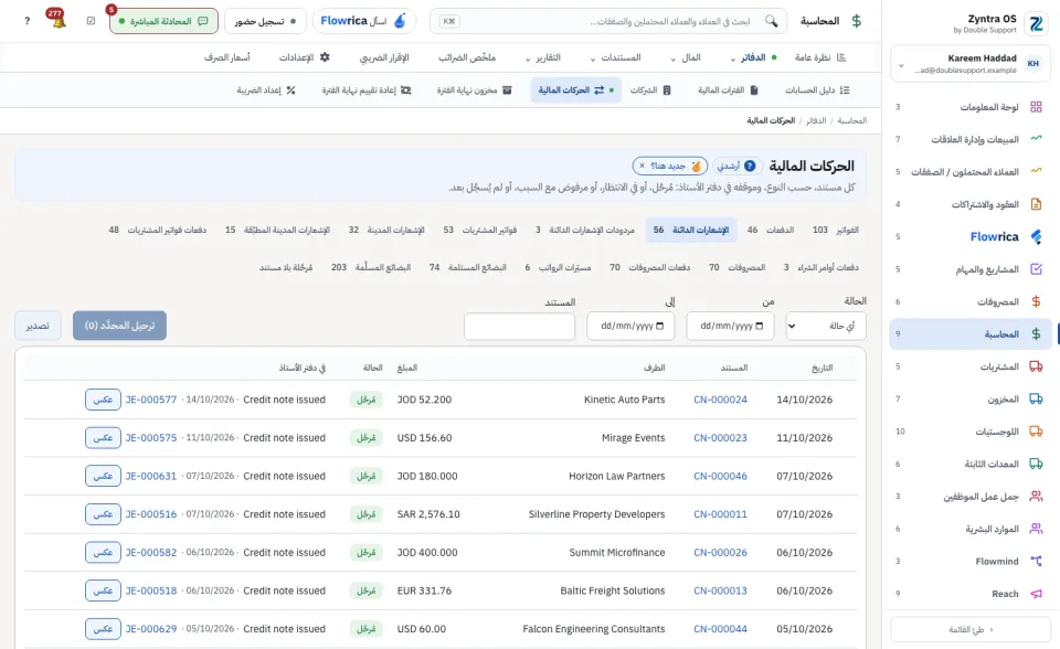 الحركات المالية، تبويب الإشعارات الدائنة