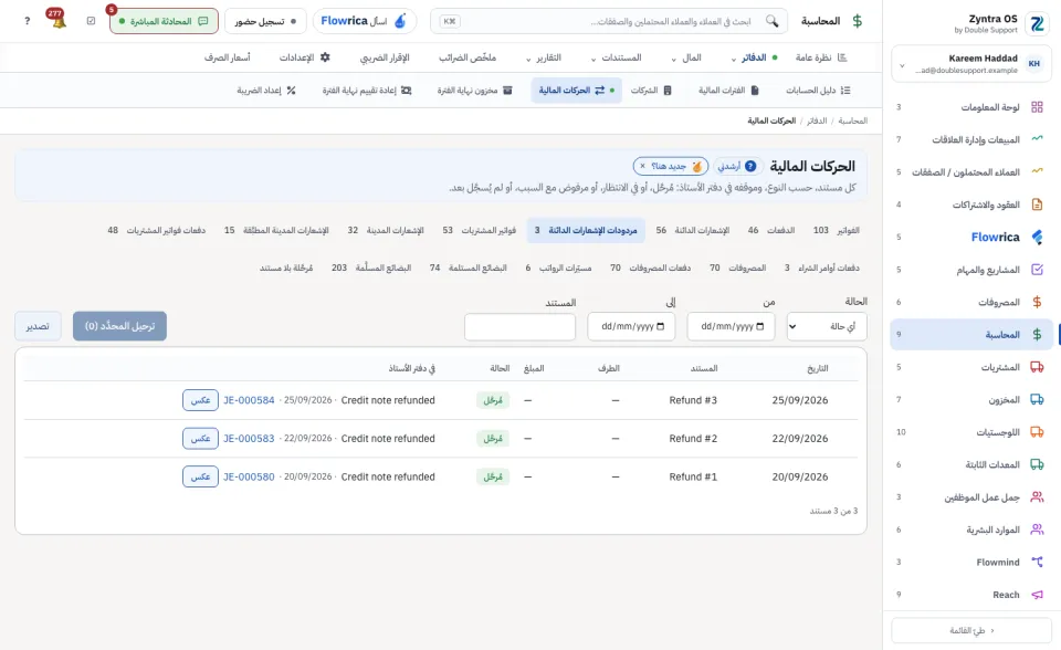 الحركات المالية، تبويب مردودات الإشعارات الدائنة