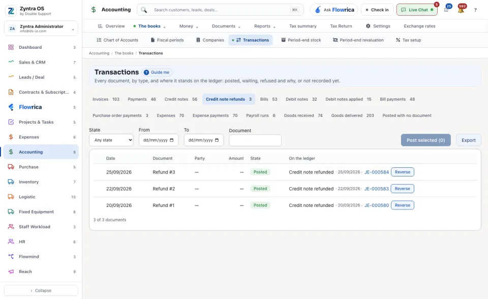 Transactions, the Credit note refunds tab