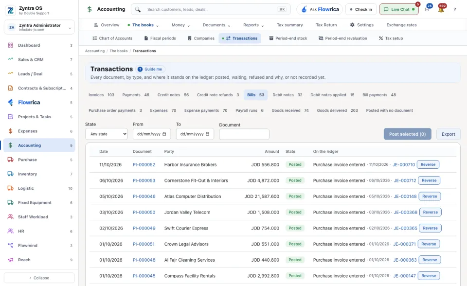 Transactions, the Bills tab