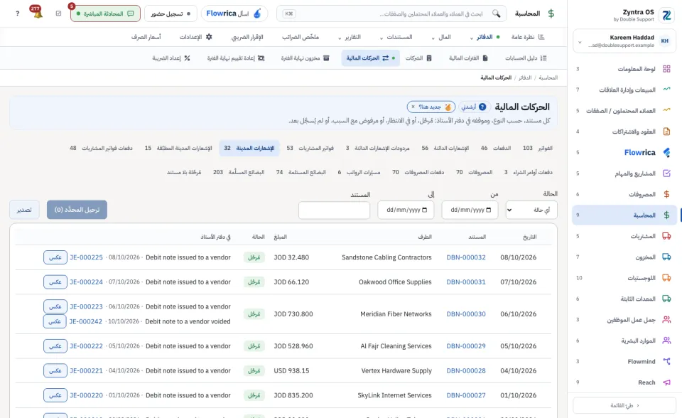 الحركات المالية، تبويب الإشعارات المدينة