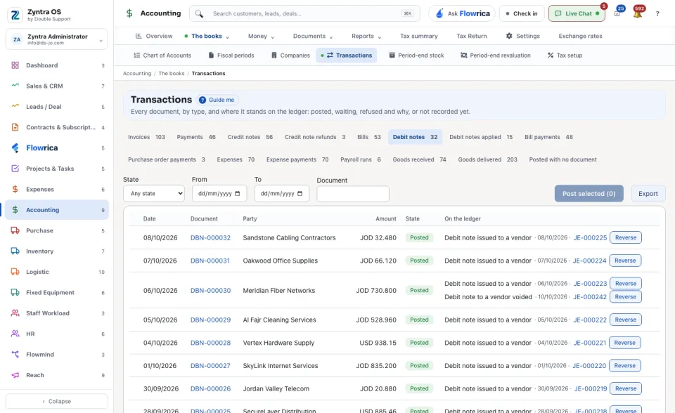 Transactions, the Debit notes tab