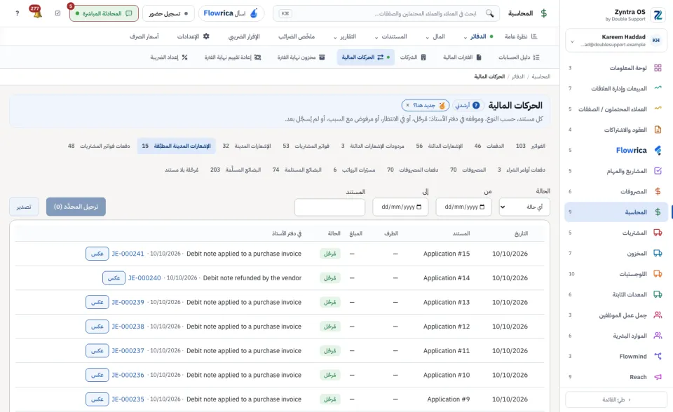 الحركات المالية، تبويب الإشعارات المدينة المطبَّقة