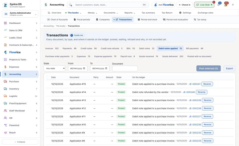 Transactions, the Debit notes applied tab