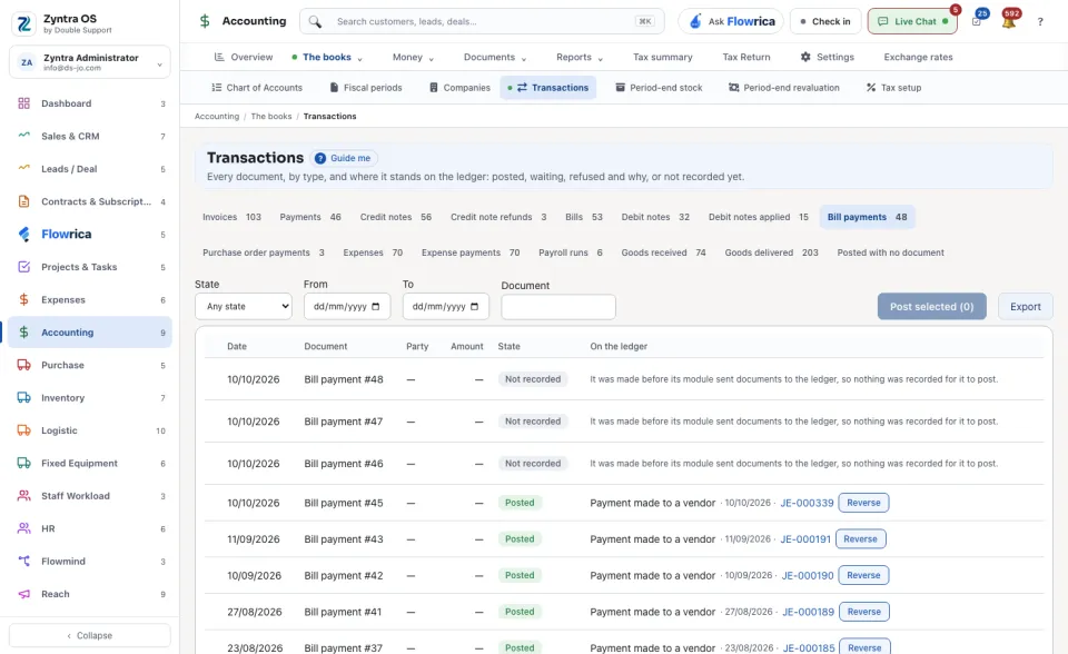 Transactions, the Bill payments tab