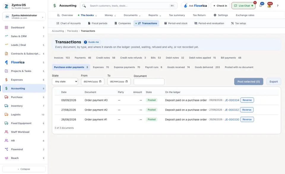 Transactions, the Purchase order payments tab