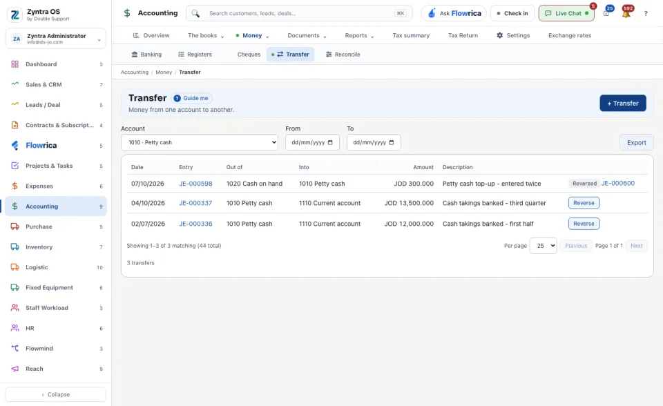 The transfers of one account