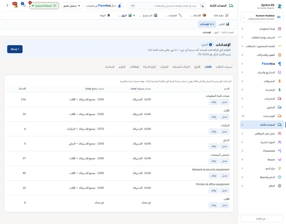 إعدادات المعدات: الفئات