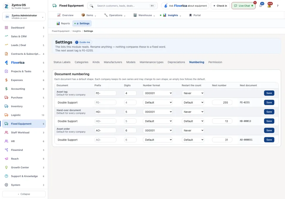 Equipment settings: Numbering