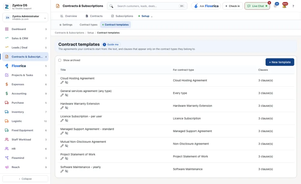 The Contract templates list