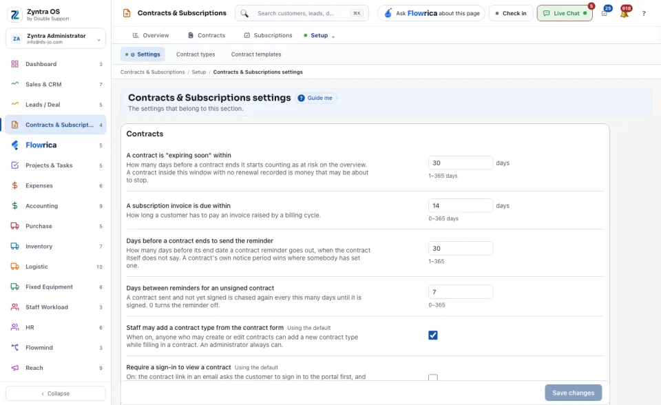 Contracts & Subscriptions settings