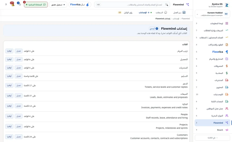 إعدادات Flowmind: الفئات وعدد القواعد في كل منها