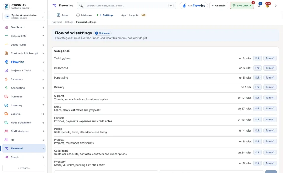 Flowmind settings: the categories and how many rules use each
