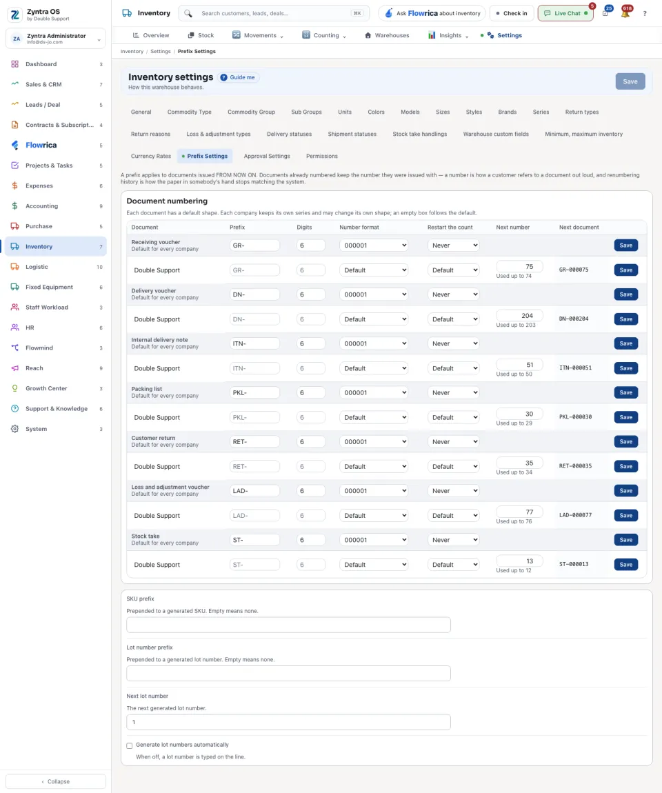 Inventory settings: document numbering