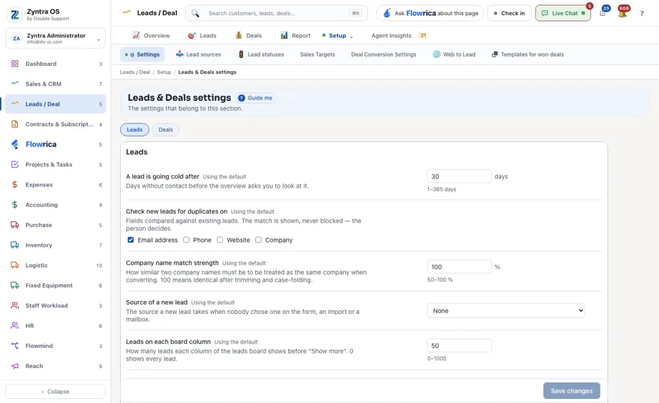 Leads & Deals settings
