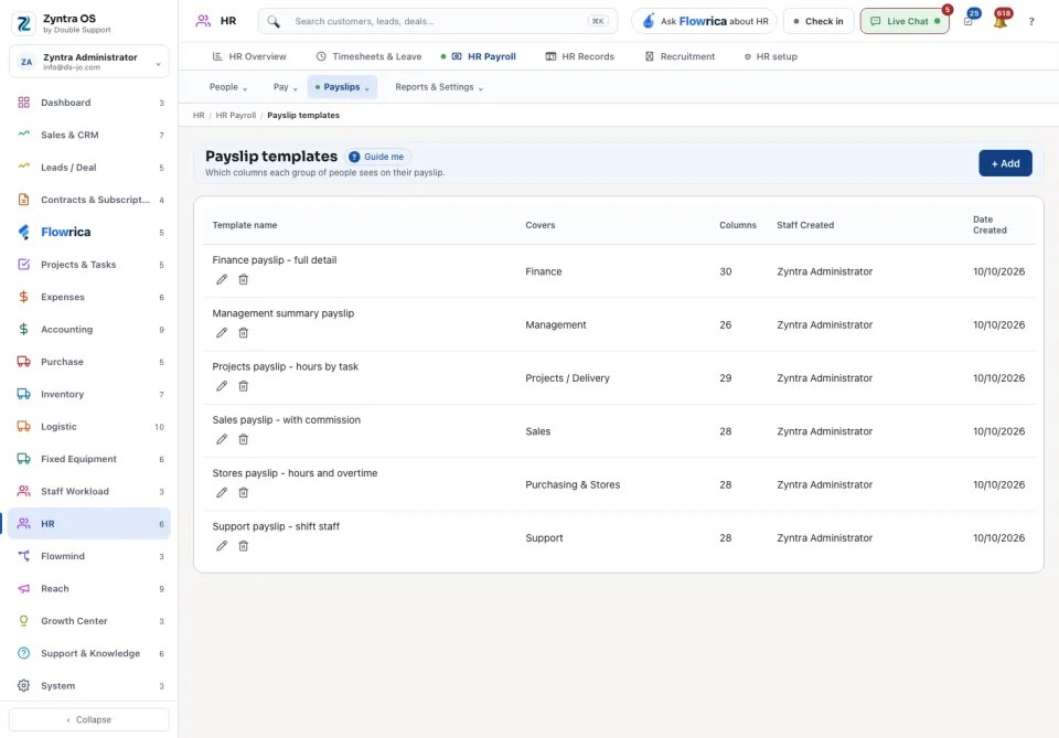 Payslip templates: each with its columns and who it covers