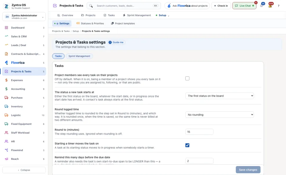 Projects & Tasks settings, the Tasks view