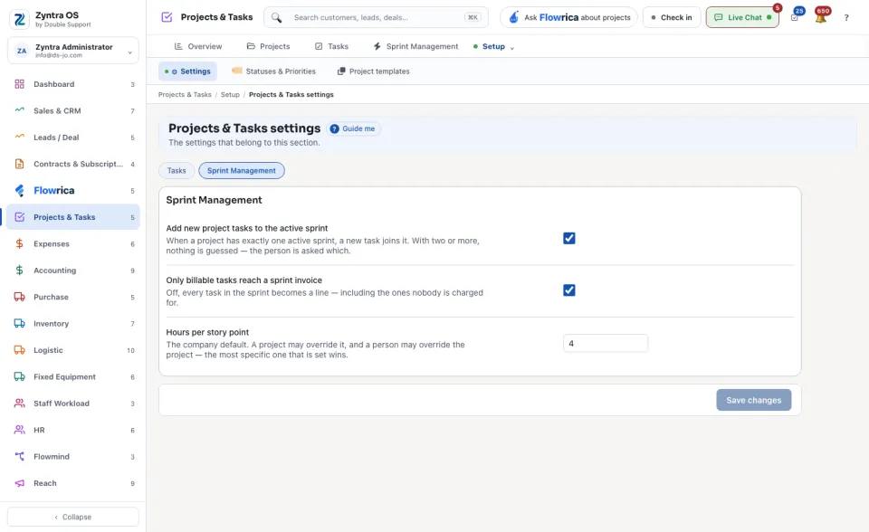 Projects & Tasks settings, the Sprint Management view