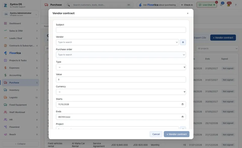 The Vendor contract form