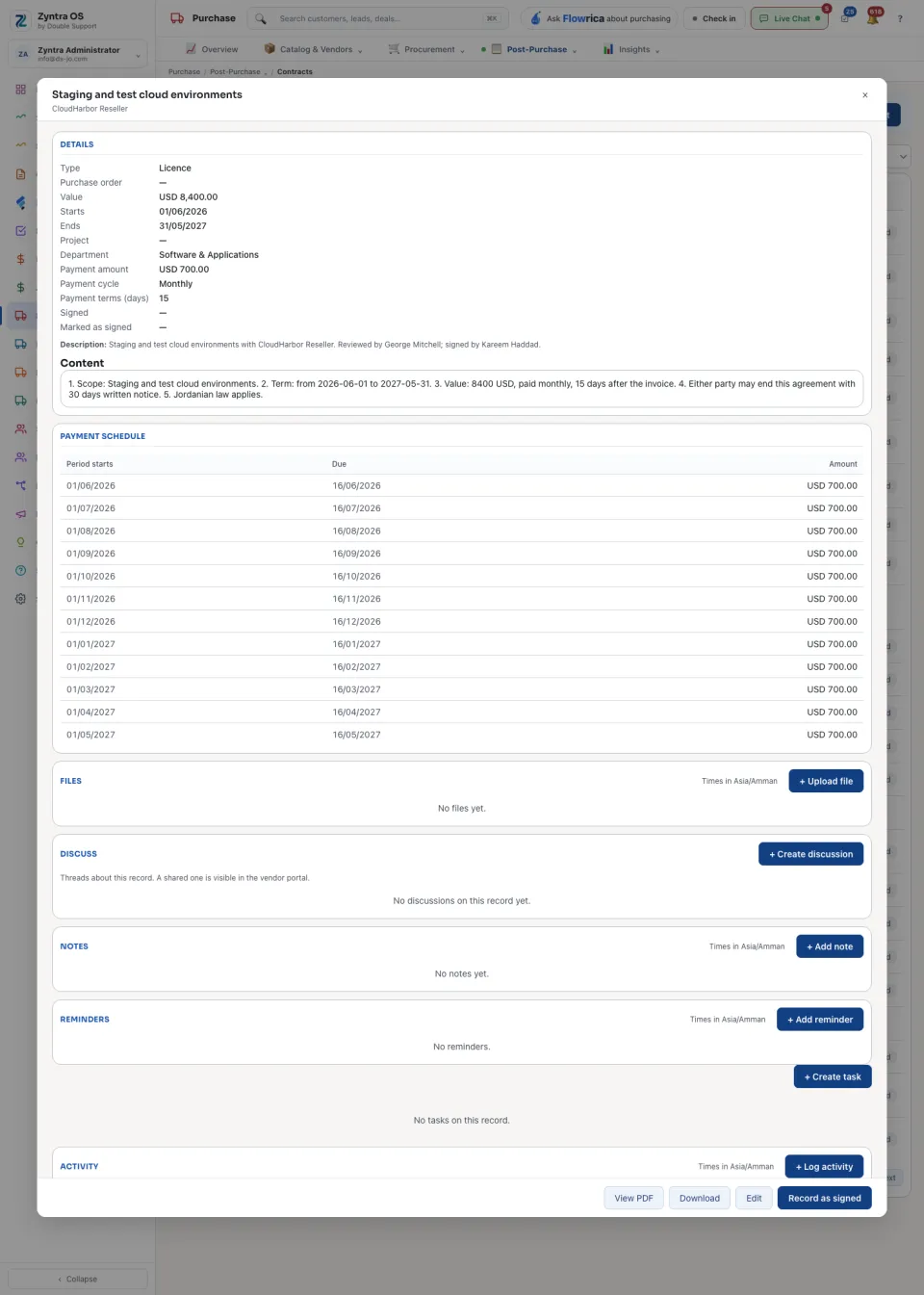 A vendor contract's page with its payment schedule