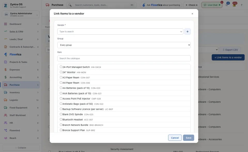 Link items to a vendor