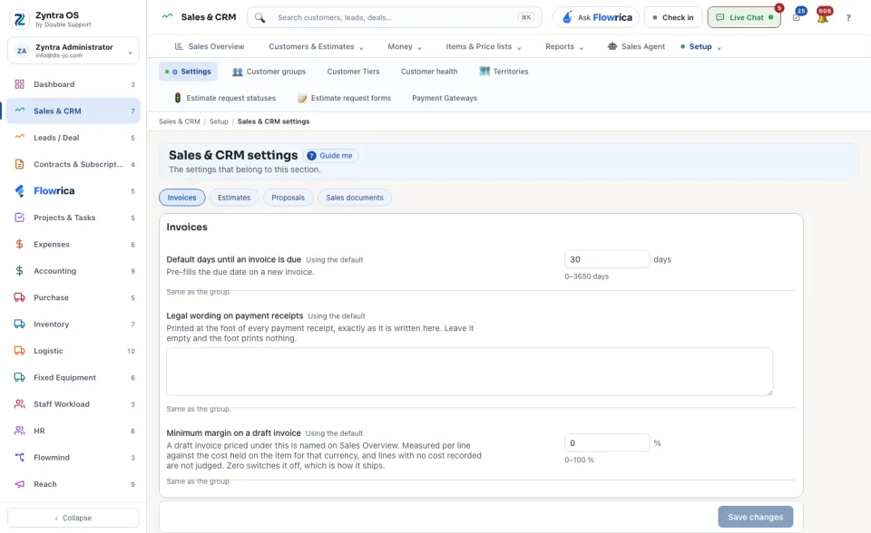 Sales & CRM settings
