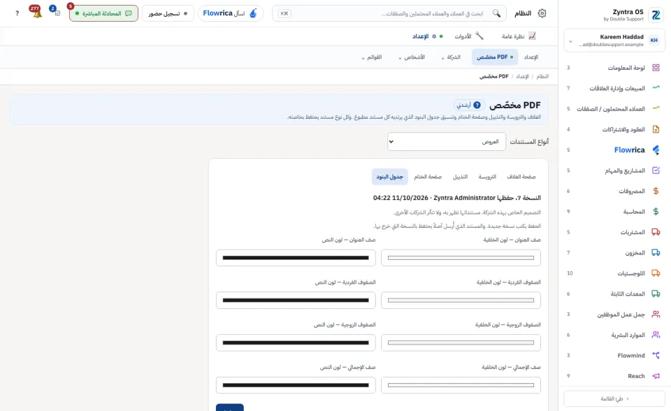 PDF مخصص: جدول الأصناف