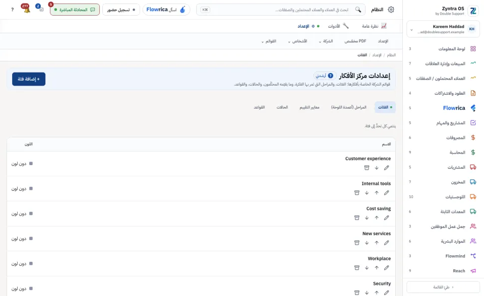 إعدادات مركز الأفكار، الفئات