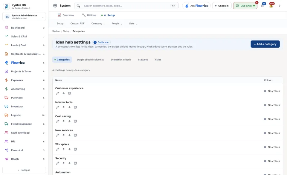 Idea hub settings, Categories